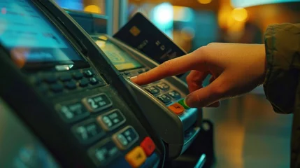 Fotobehang Hand of woman using payment terminal, enter personal identification number, credit card reader, finance concept © Emil