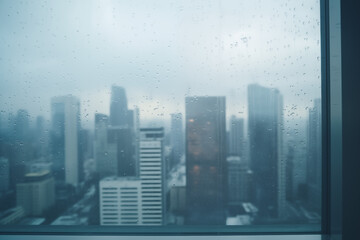 Dreary Gray Evening Metropolis Beyond the Window, A Moody Urban Scene Reflecting the Hustle and Bustle of City Life