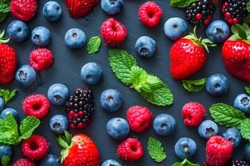 Fresh Assorted Berries on Dark Background with Mint Leaves – Healthy Eating and Nutrition Concept