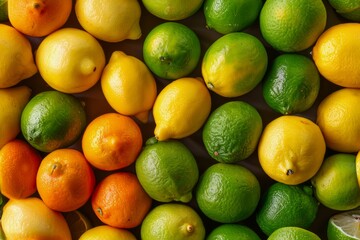 Fresh Assorted Citrus Fruits Background with Lemons, Limes, and Oranges in Abundance, Healthy Natural Eating Concept - obrazy, fototapety, plakaty