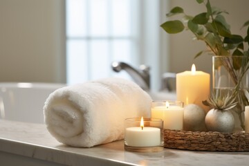 Towels with burning candles on table in bathroom. Space for text