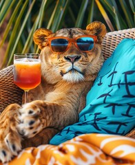
lion with sunglasses having a cocktail