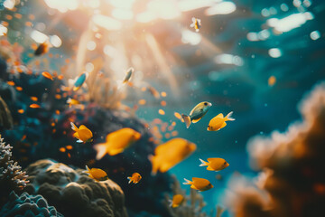 A beautiful coral reef with yellow fish swimming in the water