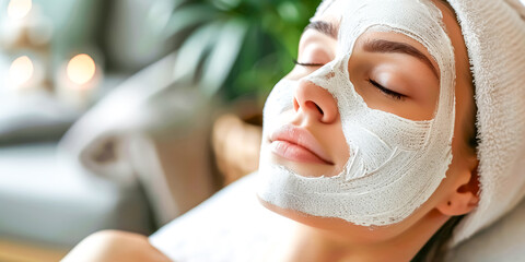 facial treatment on a woman's face at a spa center, cosmetics mask therapy, and treating, skin...