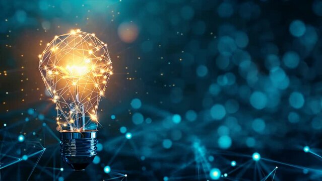 Animation electric light bulb bright polygonal connections, technology concept, innovation, artificial intelligence, brainstorming, business success.