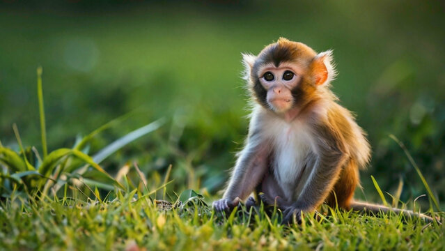 monkey baby sitting  on the grass 