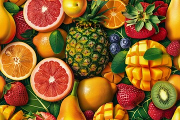 Fresh Exotic Fruits Assortment Top View Colorful Background for Healthy Eating and Nutrition Concept