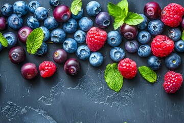 Fresh Mixed Berries with Mint Leaves on Dark Slate Background - Healthy Eating Concept