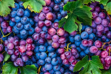 Fresh Ripe Blue and Purple Grapes with Green Leaves Closeup Background for Winemaking and Autumn...