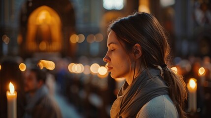 A young woman prays in a church during mass. Surrounded by people and candles. She has her long hair pulled back and an elegant scarf wrapped around her neck. ai generated. - obrazy, fototapety, plakaty