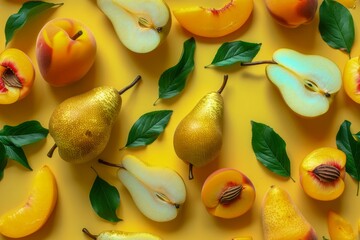 Vibrant Assortment of Fresh Summer Fruits with Peaches and Pears on Yellow Background, Top View Seasonal Harvest