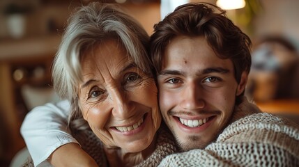 Family, generation, and people concept: a contented, smiling elderly mother cuddling her grown son at home.  Generative Ai - obrazy, fototapety, plakaty