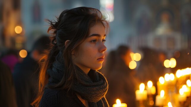 A young woman prays in a church during mass. Surrounded by people and candles. She has her long hair pulled back and an elegant scarf wrapped around her neck. ai generated.