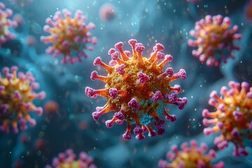 A detailed and vibrant 3D rendering of a virus particle with spike proteins in a marine-like backdrop