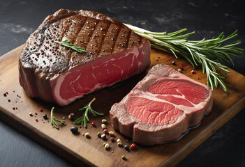 Raw beef steak with seasonings on stone background - obrazy, fototapety, plakaty