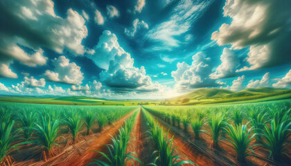 sugarcane field under a clear blue sky. The lush green stalks of sugarcane stretch across the fertile land, - obrazy, fototapety, plakaty
