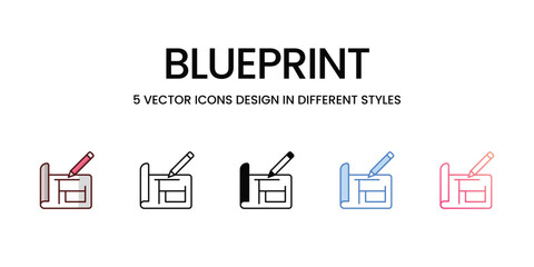 Blueprint icons set in different style vector stock illustration