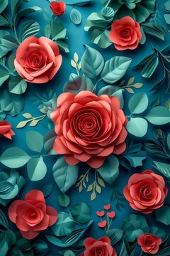 Beautiful Red Roses on Vibrant Blue Background with Green Leaves, Elegantly Arranged in Center of Image