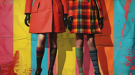 This stylish image showcases a pair of models from the waist down, donning vibrant autumn coats and eye-catching, colorful striped socks, set against a bold, multi-colored background.