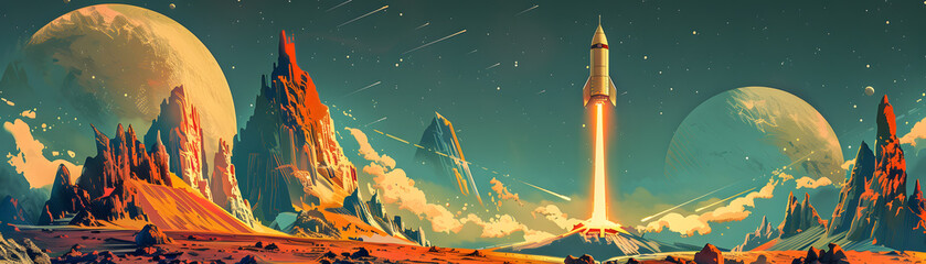 Classic rocket taking off from a vibrant alien planet with massive moons in the sky and meteor showers.