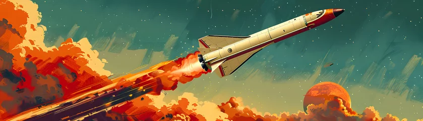 Gordijnen Retro rocket launch. Pop art theme. © Chomphu