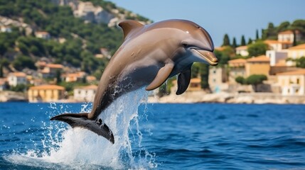Playful dolphin leaping out of water with copy space, ocean wildlife photography