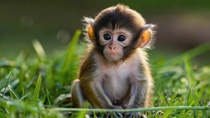 monkey sitting on the grass and staring - Powered by Adobe