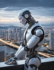 Artificial intelligence, robot thinking about world, looking at the city