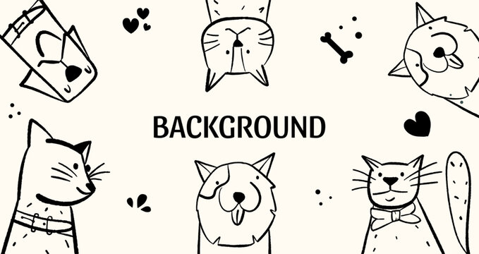 Background with portraits of dogs and cats. Poster with funny pets. Card with animals. Vector illustration in doodle style.