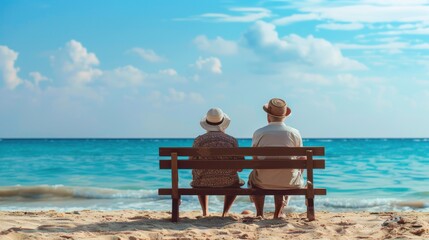 An elderly couple sits side by side on a wooden bench, admiring the vast ocean view, with waves gently breaking in the background.