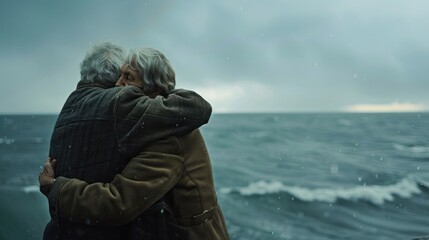 An elderly couple stands huddled together, embracing as they face a stormy sea, finding comfort in each other amidst the elements.