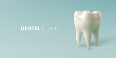 Ceramic Tooth model isolated on blue background with copy space. Dentist stomatology medical concept.