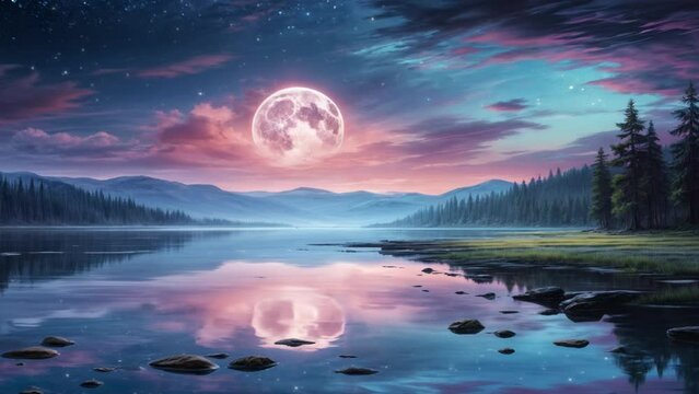 星空と湖と森と月の風景動画