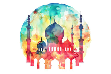 Abstract mosque watercolor in circle with vibrant colors on a circle isolated on a transparent background.