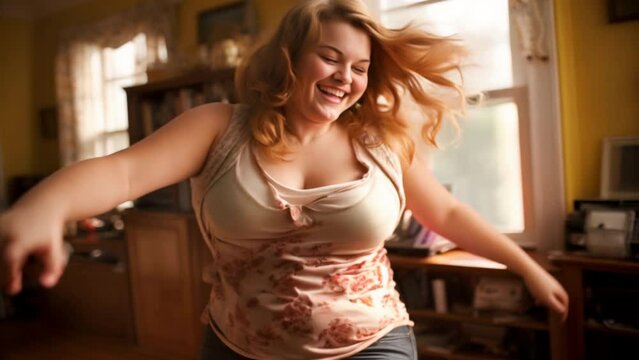Fat or chubby teenage girl dancing happily in her bedroom