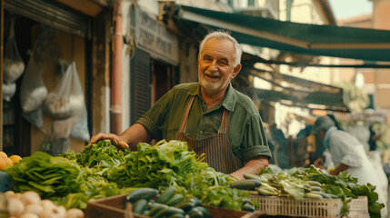 Selling fresh greens at street market in southern Italy.