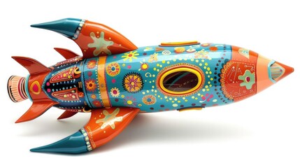 A colorful toy rocket ship featuring intricate designs, isolated on a white background