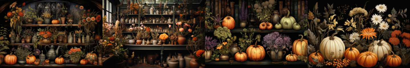 Mystical Vintage Witch's Garden, Enchanting Herbs, Classic Pumpkins, Aesthetic Wallpaper in Soft, Muted Tones - obrazy, fototapety, plakaty