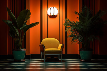 Yellow classic armchair in modern art deco living room interior.