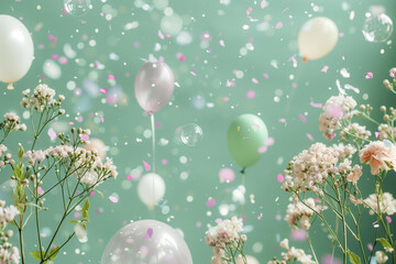 summer flowers, balloons, blured confetti floating on a pastel green background, summertime party festive background