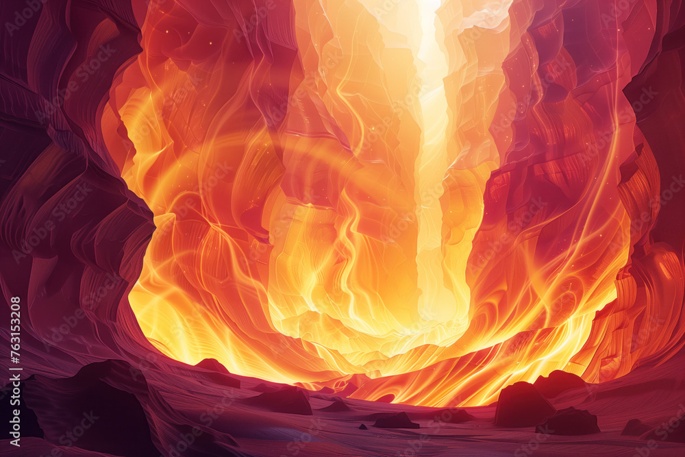 Poster spectacular fire in a cave. surreal landscape background image. created with generative ai technolog