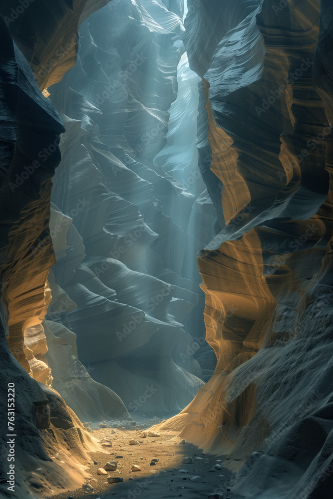 Poster sun light beams in a cave. surreal landscape background image. created with generative ai technology