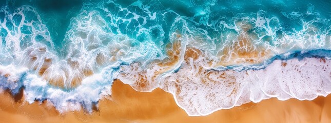 Obraz premium Aerial view of ocean waves, ocean texture in the style of blue and white colors, top down view. Panoramic view of the ocean with large waves