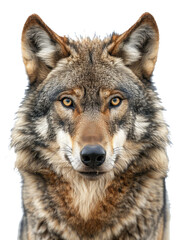Naklejka na ściany i meble Timber wolf headshot with intense gaze on transparent background - stock png.