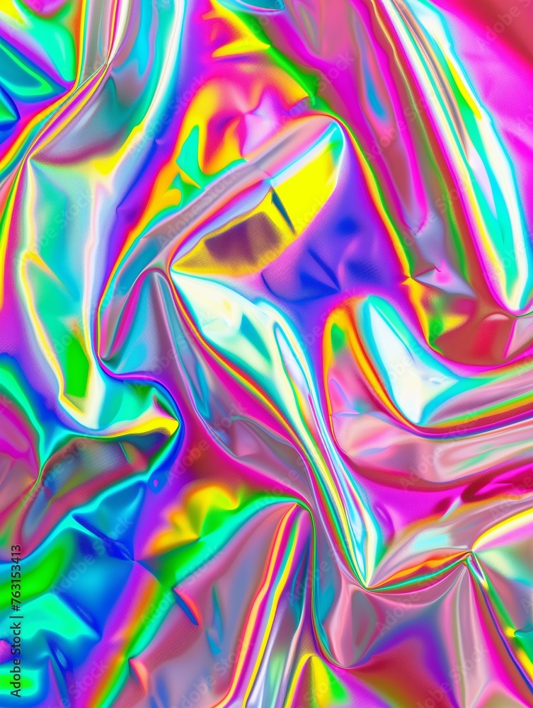 Poster holographic iridescent surface wrinkled foil pastel. real hologram background of wrinkled abstract f