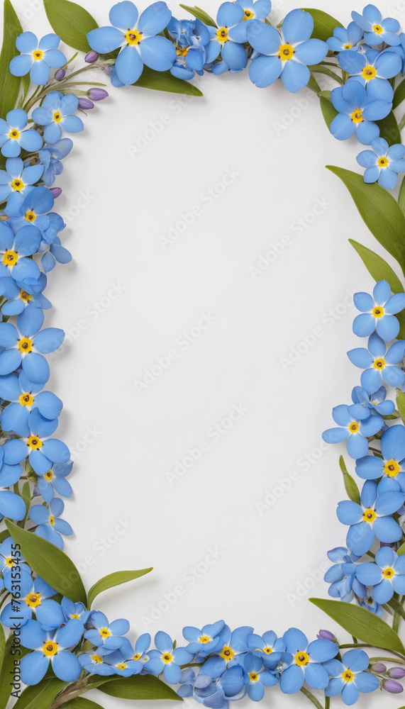 Poster whimsical forget-me-not petals as a frame border, isolated with negative space for layouts