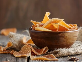 Candied orange peel in bowl. National candied orange peel day