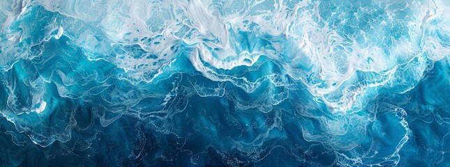 Obraz premium Aerial view of ocean waves, ocean texture in the style of blue and white colors, top down view. Panoramic view of the ocean with large waves