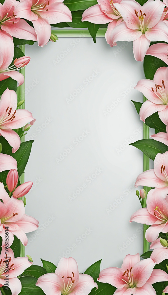 Poster graceful lily petals as a frame border, isolated with negative space for layouts