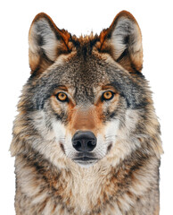 Naklejka na ściany i meble Timber wolf headshot with intense gaze on transparent background - stock png.